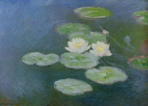 Claude Monet's famous painting of white water lillies and green lilly pads floating on a background of a blue pond